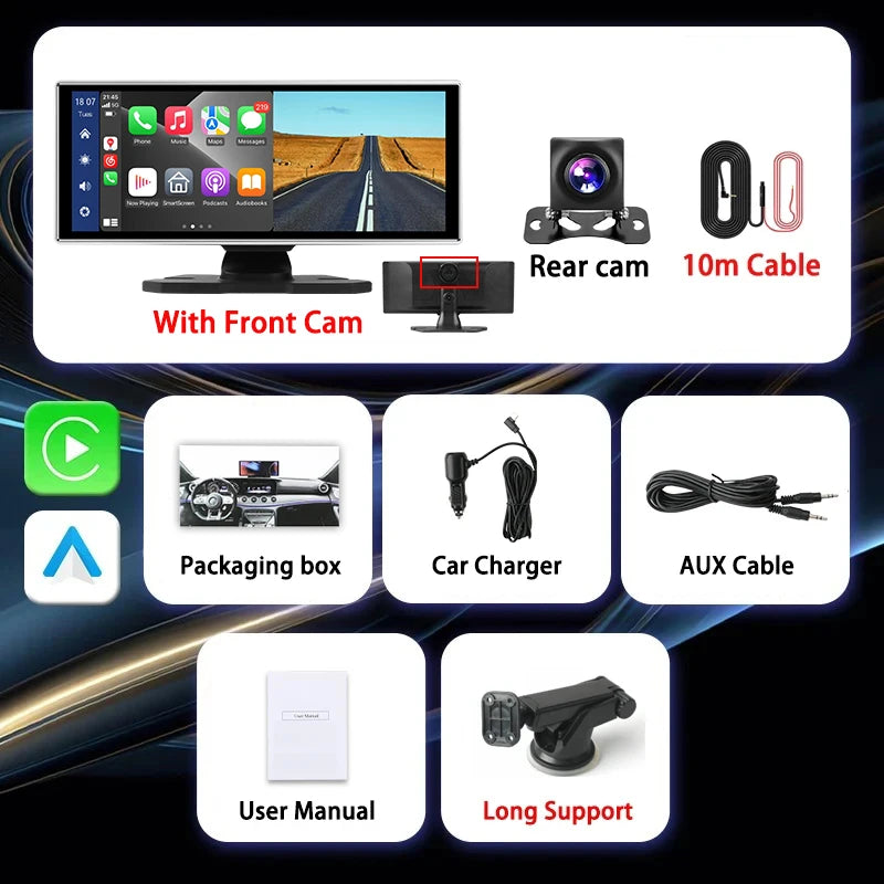 "4K Front Cam Car DVR with Wireless Carplay, Android Auto, QLED Screen, GPS & More!"