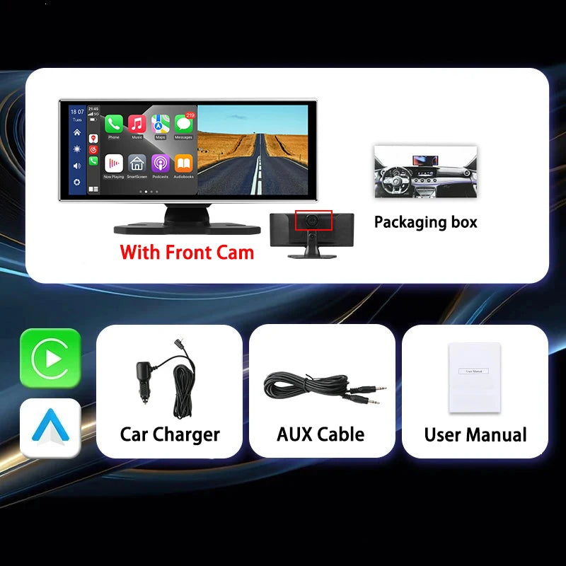 "4K Front Cam Car DVR with Wireless Carplay, Android Auto, QLED Screen, GPS & More!"