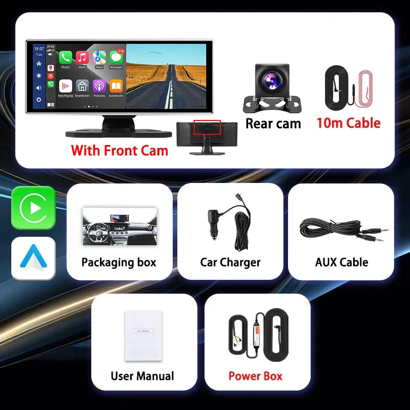 "4K Front Cam Car DVR with Wireless Carplay, Android Auto, QLED Screen, GPS & More!"