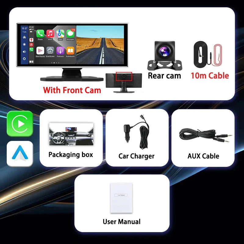 "4K Front Cam Car DVR with Wireless Carplay, Android Auto, QLED Screen, GPS & More!"