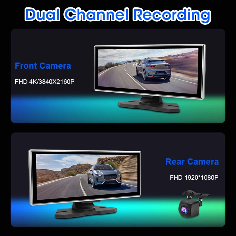 "4K Front Cam Car DVR with Wireless Carplay, Android Auto, QLED Screen, GPS & More!"